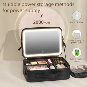 Nova Grande Capacidade Desktop Cosmetic Storage Box Impermeável Couro Viagem Portátil Maquiagem Train Bag Case Com Led Light Mirror