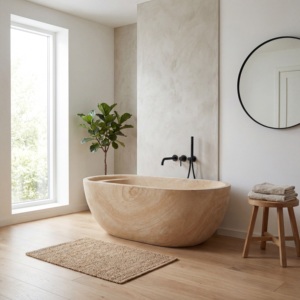 Bañeras Ovaladas Modernas de Lujo Hechas a Medida, Exclusivas de Madera Amarilla/Mármol Serpeggiante, Independientes para Baño, Hotel o Villa - Product Image 1
