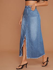 Toptan özel rahat yüksek bel bayanlar Jean etek uzun Midi yarık bölünmüş kadın etek <span class=keywords><strong>Denim</strong></span> uzun kadın etekler - Product Image 3