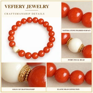 Pulsera Elástica de Cuentas Redondas de Ágata Roja Natural con Acento Tallado Blanco para Mujer, Joyería Personalizada al por Mayor - Product Image 3