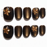 Kuku Palsu Akrilik Motif Bunga Mewah Model Cat Eye, Full Cover dengan Lem, Bentuk Almond, Panjang Sedang untuk Pemakaian Sehari-hari