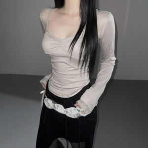 Camiseta de Manga Larga con Cuello en V para Mujer, Transpirable, Ecológica, Ajustada, con Detalle de Encaje Transparente, Estilo Dulce y Sexy, Capa Base - Product Image 2