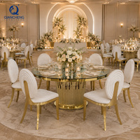 Moderner Hochzeitsbankett-Tisch Runder Glas-Esstisch Gold Edelstahl Event-Hotelmöbel Lieferant Fabrik