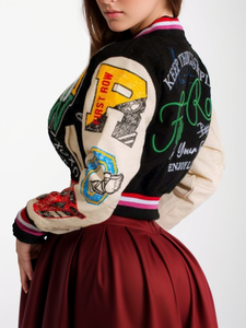 Haut court de baseball à la mode personnalisée, <span class=keywords><strong>veste</strong></span> ample et décontractée pour femmes, <span class=keywords><strong>veste</strong></span> Letterman en polyester avec écusson pour femmes - Product Image 2