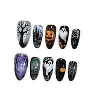 Lot de 30 faux ongles press-on violets-noirs, style français, motif ciel étoilé, pour Halloween, courts, en forme d'amande, brillants et pré-dessinés