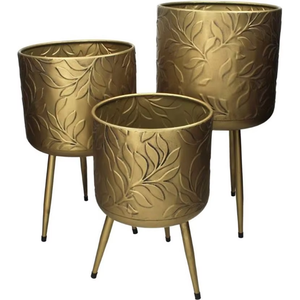 Ensemble de 3 pots avec support, design antique, finition dorée, décoration de jardin, pour plantes vertes - Product Image 5