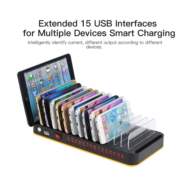 100W 15-Port USB Charging Station QC2.0 Adjustable Dividers Device Organizer Dock Supports Multiple Devices Including Camera SCP