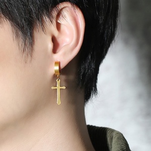 Pendientes de Aro de Acero Inoxidable con Baño de Oro de 18k y Colgante de Cruz Larga, Joyería Elegante en Oferta para Hombres y Mujeres - Product Image 1