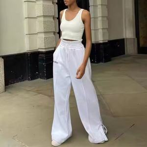 Pantalones de Verano de Algodón OEM para Mujer, Pantalones Plisados con Abertura, 100% Algodón French Terry, Pantalones Deportivos de Pierna Ancha y Cintura Alta para Mujer - Product Image 2