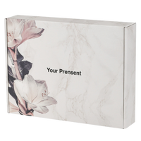 Boîte en carton ondulé personnalisée, imprimé floral rose poudré sur marbre blanc, avec texte « VOTRE CADEAU », écologique, recyclable et pliable
