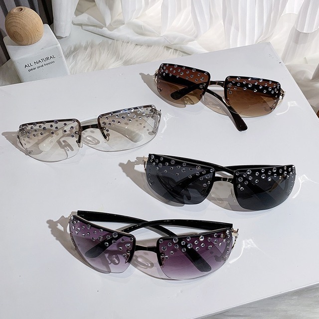 New Fashionable Handmade Diamond Women's Large Frame Sun Glasses Rimless Frameless Square Metal Diamond Sunglasses