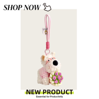 Porte-clés en peluche chien blanc mignon Kawaii avec lunettes roses, chemise rayée et bouquet de fleurs pour sac à dos
