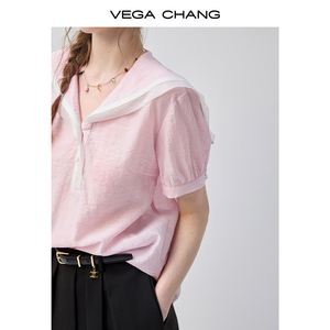 Chemisier rose clair décontracté VEGA CHANG avec col marin et manches bouffantes en tissu texturé – Vente en gros - Product Image 4