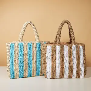 Kleurrijke Streep Stro Tas Zomer Strandtas Eco-Vriendelijke Handgemaakte Geweven Raffia Draagtas Designer Portemonnee Tassen