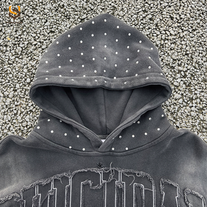 Custom Streetwear High Quality <b>Rhinestone</b> <b>Hoodie</b> Heavyweight Cotton Distress Letter Patch Vintage Oversized Washed Men's <b>Hoodie</b> - Product Image 3