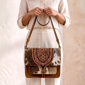 Bolso de Hombro con Patrón de Cuero Vacuno, Bolso Bandolera con Grabado Floral para Viajes Diarios - Product Image 1