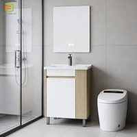 Meuble de salle de bain moderne sur pied en bois massif rectangulaire avec lavabo et miroir