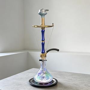 Blue Glass Hookah Modern Shisha Pipe Gold Tone Metal Base Clear Carved Bottle Lounge <b>Bar</b> Use - Product Image 2