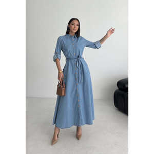 Robe chemise en jean élégante à col rabattu, délavage moyen, respirante, à nouer, coupe trapèze, longueur midi pour femme - Product Image 4