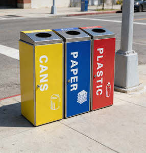 Poubelle <span class=keywords><strong>de</strong></span> tri des déchets à 3 compartiments configurable, jaune et rouge, pour restaurant intérieur, tri triple, avec séparation - Product Image 1