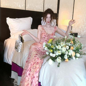 Vestido de Verano Estilo Francés con Cuello en V, Floral, de Gasa, Rosa, Cintura Ajustada, Falda Larga, Secado Rápido, Estilo Línea A, para la Playa - Product Image 2