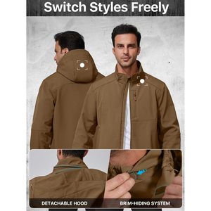 Men's Lightweight Softshell <b>Jacket</b> Brown Hooded Waterproof Winter Outdoor Hiking <b>Fleece</b> <b>Lined</b> Zip Fly - Product Image 4
