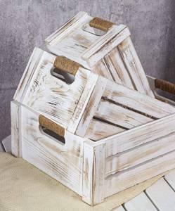 Set <span class=keywords><strong>di</strong></span> 3 Cassette in Legno Ustic, Scatole Contenitore Impilabili con Manici in Juta, Cesto Organizer Decorativo Bianco Invecchiato Stile Rustico - Product Image 3