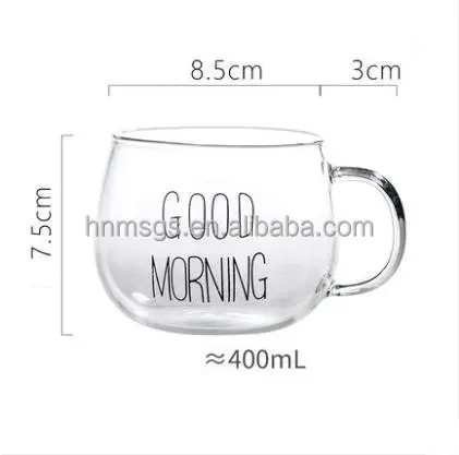Alibaba Online Sale 400ml Creative Glass Coffee Milk Mug Good Morning Breakfast Cup Glass Mug with wholesale price