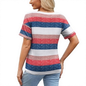<b>Women's</b> Summer <b>Tops</b> Short Sleeve Casual Shirts Trendy V-Neck Striped Tee Fashionwear 100% Cotton 180 GSM OEM Manufactured - Product Image 2
