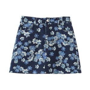 Jupe en jean pour femme N8079, bleu foncé, imprimé floral, coupe trapèze, mini, en coton, grande taille - Product Image 3