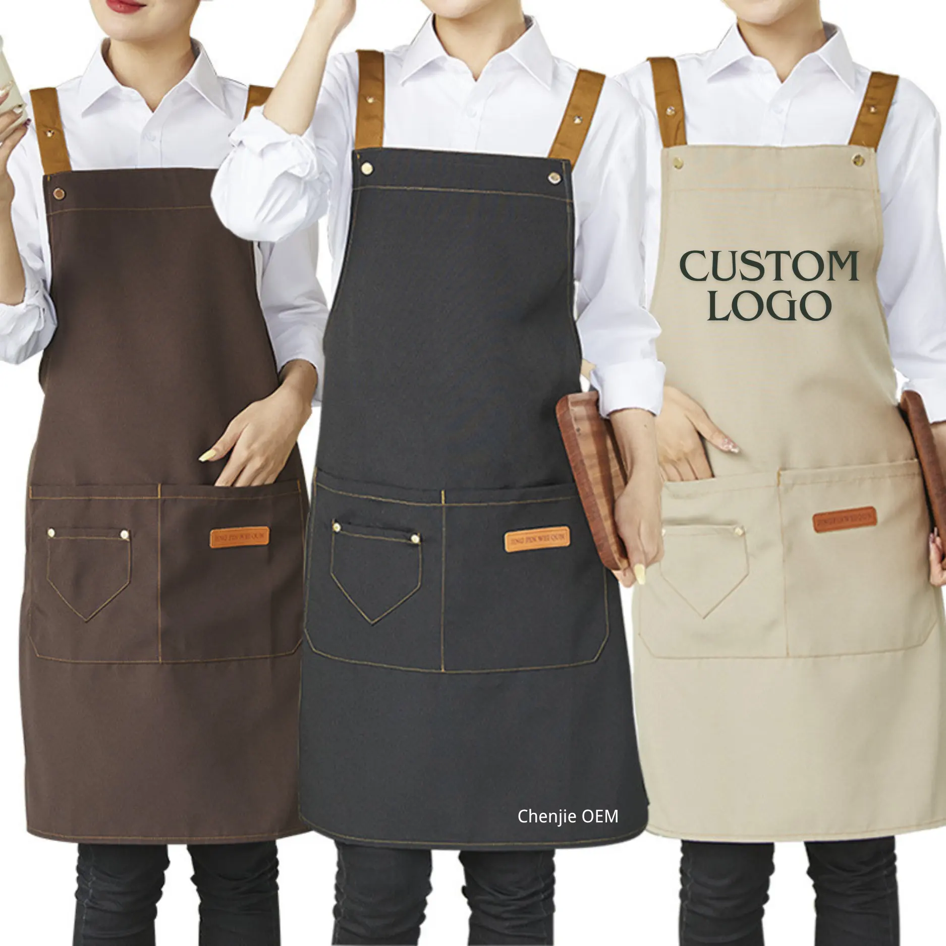 Custom Logo Waterproof Work Kitchen Canvas Apron With Pockets Uniforms For Waiters Waitress Cafes Nail Uniform Grill