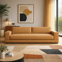 Modernes Kamelleder 2-Sitzer-Sofa mit Eckigen Armlehnen, Niedriger Rückenlehne und Hochdichtem Schaumstoff für Wohnzimmer, Apartment, Hotel-Lobby