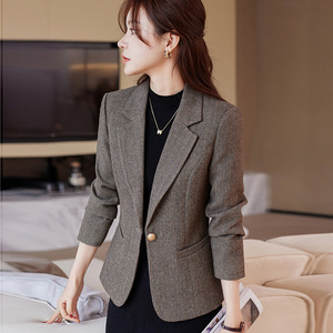 Womens <b>Wool</b> Blazer Slim Fit Short Style Grey Yellowish Brown Casual Elegant Autumn Winter - Product Image 3