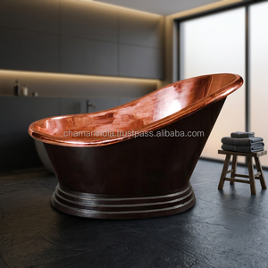 อ่างอาบน้ำทองแดงโบราณเคลือบสีดำแบบตั้งพื้นพร้อมที่วางแขน - Product Image 2