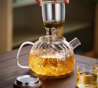 Théière en verre martelé à couvercle en bois de noyer grande capacité, verre borosilicate résistant aux hautes températures avec infuseur en acier inoxydable