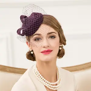Weibliche Elegante Britischen High Fashion Party Bankett Aristokratischen Süße Vintage Wolle Kappe Frauen Schleier Bowknot Fascinator Formalen Hut