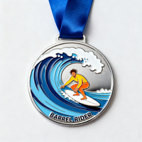 Médaille de surfeur en métal plaqué argent émaillé avec motif d'onde océanique personnalisé, forme ronde, prix de finisseur, médaille de surf pour concours de surf