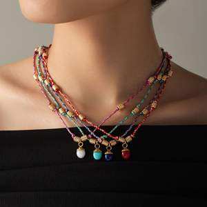 Mecylife Fashion Sieraden Rvs Ketting Half Natuursteen Eikel Dennenhout Hanger Geknoopte Ketting - Product Image 1