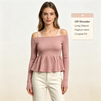 Pull décontracté de haute qualité pour femme, couleur marron, épaules dénudées, à manches longues et pointelle, personnalisable OEM & ODM, vente en gros