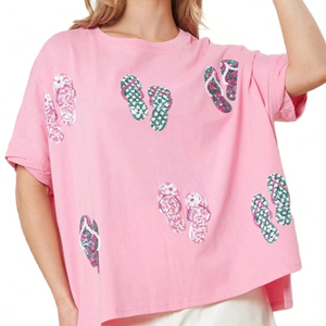 Camiseta de verano de gran tamaño para mujer, camiseta de verano personalizada con <span class=keywords><strong>chanclas</strong></span> de lentejuelas brillantes, camisetas holgadas de manga corta con estampado, Camiseta básica para mujer - Product Image 1