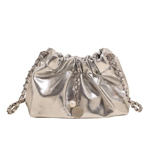Black Patent Leather Drawstring <b>Shoulder</b> Bag With Chain <b>Strap</b> Minimalist Style Single Handle Daily Use All Seasons - Product Image 5