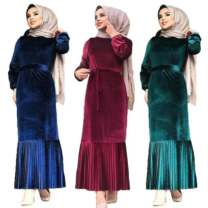 New Dubai abaya velvet long dress muslim women pleated kaftan party Turkish robe warm abayas