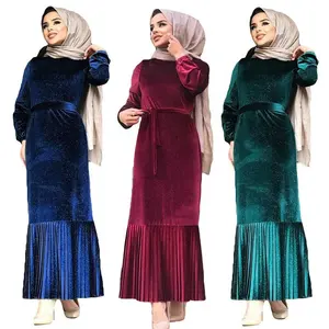 새로운 두바이 abaya 벨벳 긴 드레스 이슬람 여성 pleated kaftan 파티 터키어 로브 따뜻한 abayas