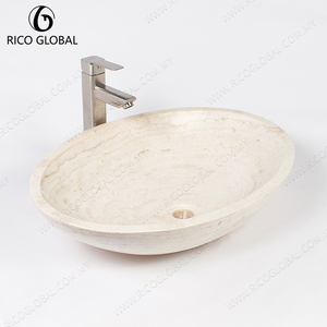 Lavabo ovale en travertin blanc, pierre naturelle, poli, à poser sur comptoir, pour hôtels et écoles - Product Image 5