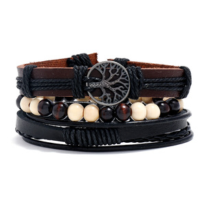Bracelets en cuir tressé avec perles en bois Arbre de Vie noir, ensemble de bracelets en cuir noir multi-couches pour hommes, vente en gros - Product Image 3