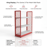 Étagères de magasin de proximité modulaires King Display 2026 à 3 niveaux en métal, rouge et blanc, avec panneau mural en maille, revêtement en poudre époxy haute résistance
