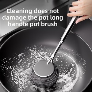 Cepillo de limpieza para lavar platos con mango largo, cepillo especial con bola de acero para lavar ollas, hecho de silicona y PP - Product Image 5