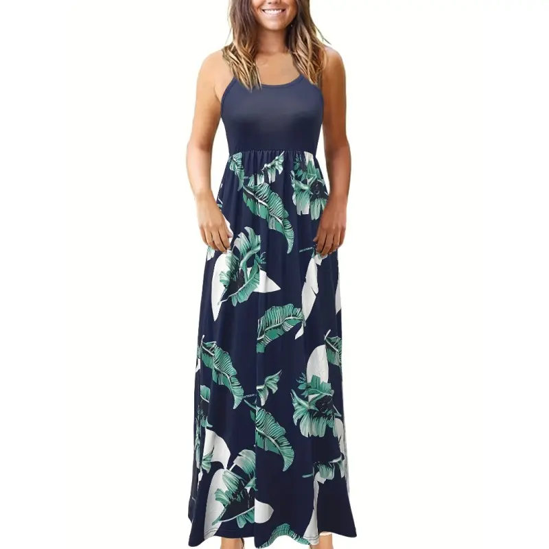 Printemps modestes longues robes Slim A-Line robe romantique imprimé végétal Cami vacances sans manches gilet slip robe d'été pour les femmes