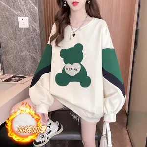 Cartoon embroidery bear hoodie women 2023 new large size women's thin long sleeve splicing sleeves loose round neck top