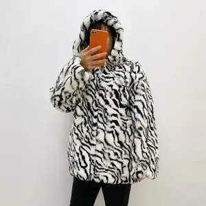 Peut style personnalisé couleur imprimé léopard couture ourlet élastique hiver à capuche femmes véritable veste en fourrure de lapin Rex